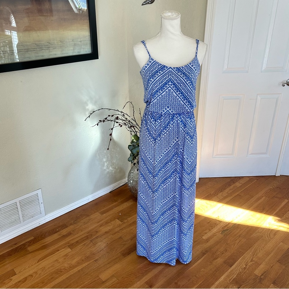 Tori Richard Blue & White Geo Print Hawaii Spaghetti Strap Maxi Dress Sz XS